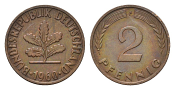 ФРГ 2 пфеннига 1960 F KM 106, J. 381 бронза 4547-165