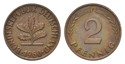 ФРГ 2 пфеннига 1960 F KM 106, J. 381 бронза 4547-165