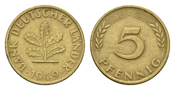 ФРГ 5 пфеннигов 1949 G KM 102, J. 377 сталь плакированная латунью 4685-367