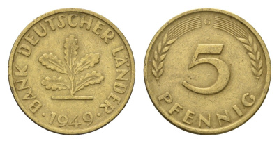 ФРГ 5 пфеннигов 1949 G KM 102, J. 377 сталь плакированная латунью 4685-367
