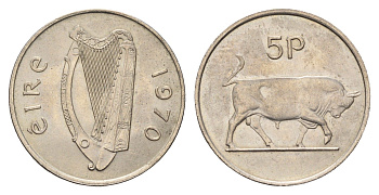 Ирландия 5 пенсов 1970 бык KM 22 медно-никель UNC 4175-147