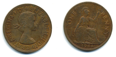 Великобритания 1 пенни 1964 Елизавета II (1952-2022) KM 897, Spink 4157 бронза 4110-344