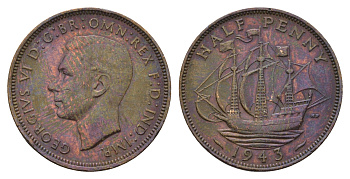 Великобритания 1/2 пенни 1943 Георг VI (1936-1952) KM 844, Spink 4115 бронза 4519-214