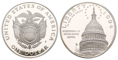 США 1 доллар 1994 S, 200 лет Капитолию KM 253 серебро PROOF 11-263-13