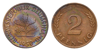 ФРГ 2 пфеннига 1950 F KM 106, J. 381 бронза 4596-1215