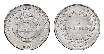 Коста-Рика 5 сентимо 1967 KM 184.1a нержавеющая сталь UNC 4690-836