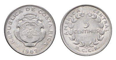 Коста-Рика 5 сентимо 1967 KM 184.1a нержавеющая сталь UNC 4690-836