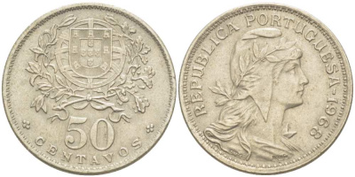 Португалия 50 сентаво 1968 голова Свободы вправо KM 577 медно-никель 4513-1222