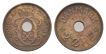 Дания 2 эре 1938 N, Кристиан X (1912-1947) KM 827 бронза 4701-864
