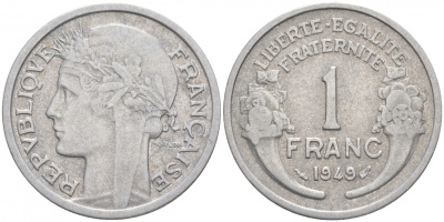 ФРАНЦИЯ 1 ФРАНК 1949 ТИП MORLON, LEGERE KM 885a 1, LE FRANC 221.15 алюминий 186-324
