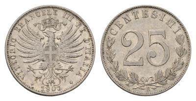 Италия 25 чентезимо 1903 R, Виктор Эммануил III (1900-1946) KM 36 никель 413-1941