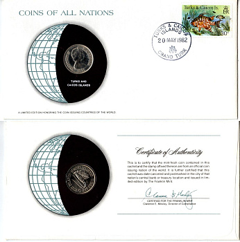 Тёркс и Кайкос 1/4 кроны 1981 конверт с маркой первого дня гашения, Coins of Nations KM 51 медно-никель UNC 9-1-01-89