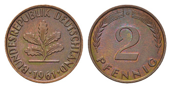 ФРГ 2 пфеннига 1961 G KM 106, J. 381 бронза 4576-954