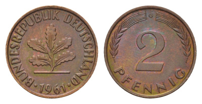 ФРГ 2 пфеннига 1961 G KM 106, J. 381 бронза 4576-954