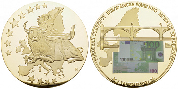Европа медаль 2002 банкнота в 100 евро на фоне моста, диаметр 50 мм., 54 гр.позолота  медно-никель  PROOF  1066-9-44