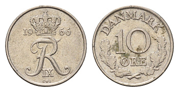 Дания 10 эре 1966 С; S, Фредерик IX (1947-1972) KM 849.1 медно-никель 4685-548