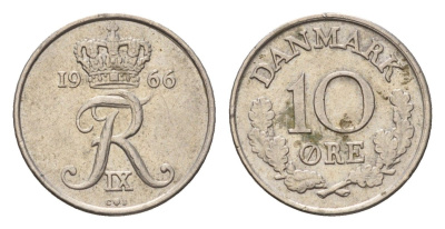 Дания 10 эре 1966 С; S, Фредерик IX (1947-1972) KM 849.1 медно-никель 4685-548