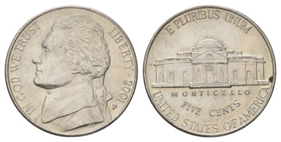 США 5 центов 2001 P, Джефферсон KM A192 медно-никель 4671-1251