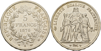 Франция 5 франков 1876 А, Геракл с богинями равенства и братства KM 820.1 серебро 1066-5-56
