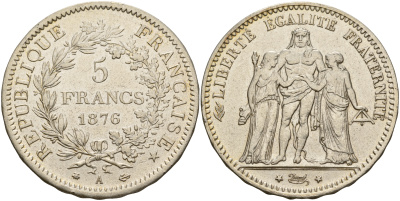 Франция 5 франков 1876 А, Геракл с богинями равенства и братства KM 820.1 серебро 1066-5-56