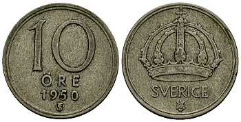 Швеция 10 эре 1950 N;S, Фредерик IX (1947 - 1972) KM 813 серебро 4577-1145