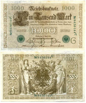 ГЕРМАНИЯ 1000 МАРОК 1910 21 АПРЕЛЯ 1910, ЗЕЛЁНАЯ ПЕЧАТЬ, СЕМИЗНАЧНЫЙ НОМЕР Pick 45b бумага 7375-33-2-1