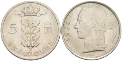 БЕЛЬГИЯ 5 ФРАНКОВ 1975 BELGIQUE, БОДУЭН I (1951-1993) KM 134.1 медно-никель 213-616