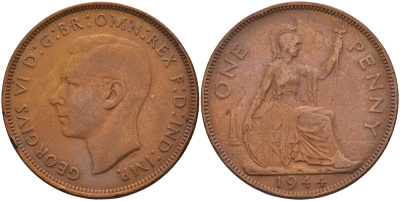 Великобритания 1 пенни 1944 Георг VI (1936-1952) KM 845, Spink 4114 бронза 4593-231