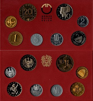Австрия годовой набор из 8 монет (2, 5, 10 и 50 грошей; 1, 5, 10 и 20 шиллингов) 1990 в упаковке монетного двора KM PS51 (2875, 2876, 2878, 2885, 2886, 2889a, 2918 и 2993) PROOF 3-4-13-14