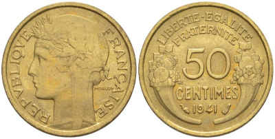 ФРАНЦИЯ 50 САНТИМОВ 1941 ТИП MORLON KM 894.1, LE FRANC 192.18 алюминиевая бронза 44-417