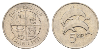 Исландия 5 крон 1981 дельфины KM 28 медно-никель 4591-915