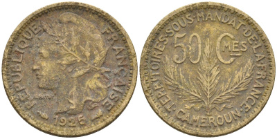 Французский Камерун 50 сантимов 1925 (а), монетный двор Париж KM 1 алюминиевая бронза 4164-1213