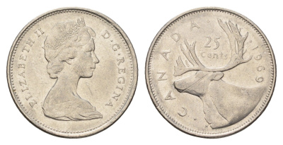 Канада 25 центов 1969 Елизавета II (1952-2022), олень KM 62b никель 4688-434