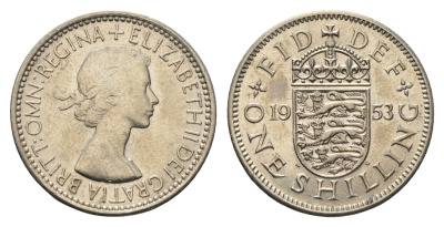 Великобритания 1 шиллинг 1953 год-тип, Елизавета II (1952-2022), Английский герб KM 890, Spink 4139 медно-никель UNC 4691-627
