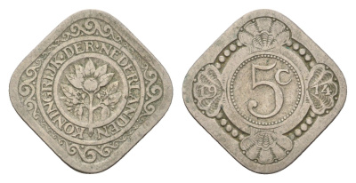 Нидерланды 5 центов 1914 Вильгельмина (1890-1948) KM 153 медно-никель 4685-1027