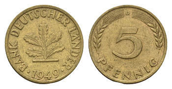 ФРГ 5 пфеннигов 1949 D KM 102, J. 377 сталь плакированная латунью 4685-359