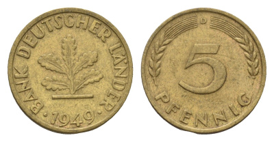 ФРГ 5 пфеннигов 1949 D KM 102, J. 377 сталь плакированная латунью 4685-359