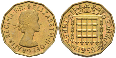 Великобритания 3 пенса 1958 Елизавета II (1952-2022) KM 900, Spink 4153 никель латунь 4592-423