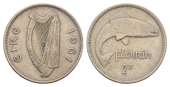 Ирландия 2 шиллинга = 1 флорин 1961 лосось KM 15a медно-никель 4672-1046