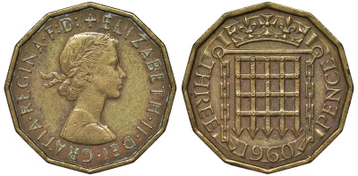 Великобритания 3 пенса 1960 Елизавета II (1952-2022) KM 900, Spink 4153 никель латунь 4122-934