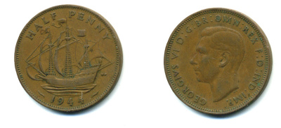 Великобритания 1/2 пенни 1944 Георг VI (1936-1952) KM 844, Spink 4115 бронза 4383-1022
