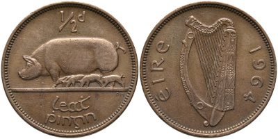 ИРЛАНДИЯ 1/2 ПЕННИ 1964 СВИНЬЯ С ПОРОСЯТАМИ KM 10 бронза 89-1322