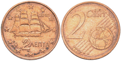Греция 2 евроцента 2002 F - Франция, редкая KM 182 сталь плакированная медью 4614-724