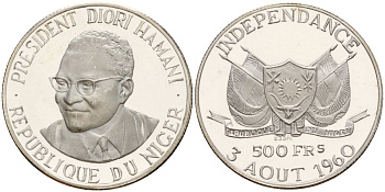 Нигер 500 франков 1960 ESSAI, президент Амани Диори (Hamani Diori), независимость KM E5 серебро PROOF 00-00