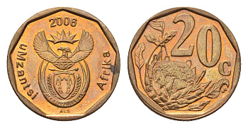 ЮАР 20 центов 2006 герб, цветок протея KM 488 сталь плакированная бронзой UNC 4690-955