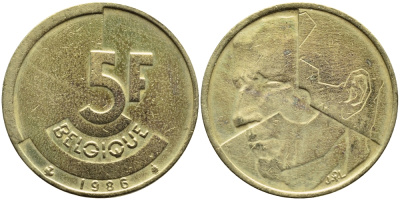 БЕЛЬГИЯ 5 ФРАНКОВ 1986 BELGIQUE KM 163 латунь или алюминевая бронза 4384-934