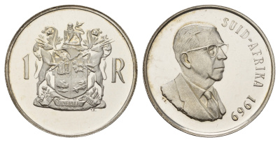 ЮАР 1 ранд 1969 окончание президентства Теофилуса Дёнгеса , SUID-AFRIKA KM 80.2 серебро PROOF 650-1911