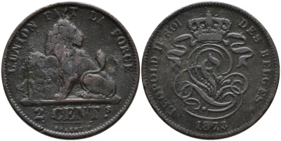 Бельгия 2 сантима 1873 Des Belges, Леопольд II (1865-1909) KM 35.1 медь 95-713