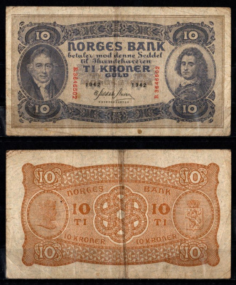 Норвегия 10 крон 1942 Pick 8 c бумага 7457-25-1-2