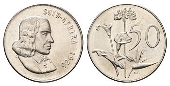 ЮАР 50 центов 1966 Ян ван Рибек (1619-1677), Suid Africa, легенда на африкаанс, Зантедеския Эллиота (калла) KM 70.2 никель aUNC 4693-447